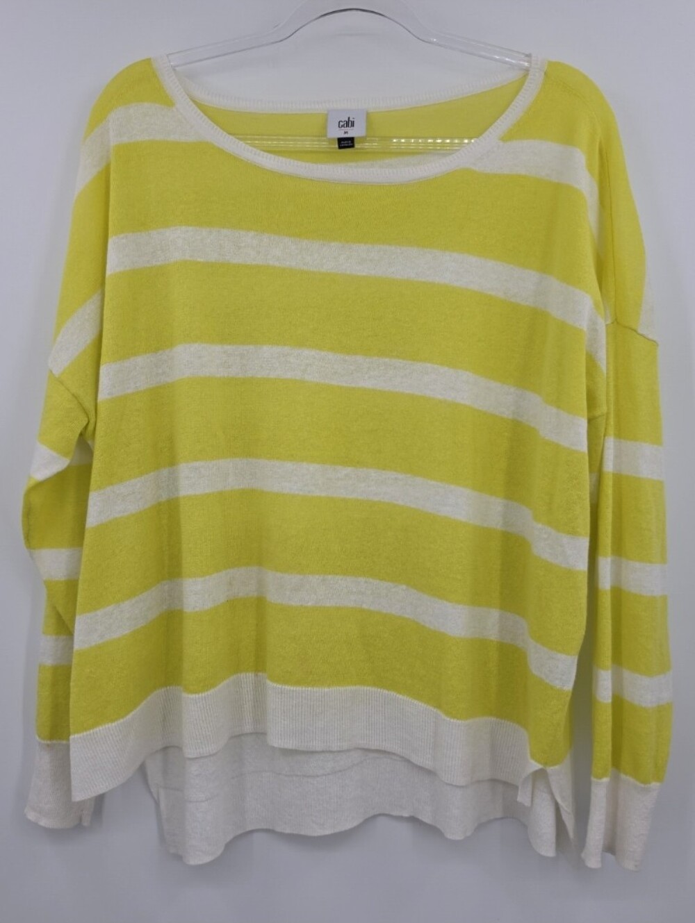 Cabi Happy Hour Pullover Sweater Medium Citron Yellow Striped Long Sleeve